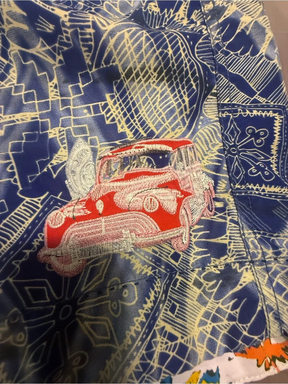 Robert Graham Blue Embroidered Car Geometric UnLined Swim Trunks Mens 38